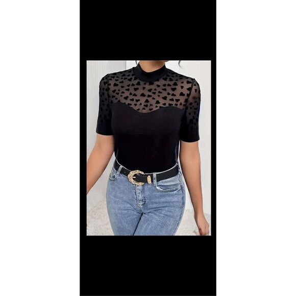 Black print, elegant, mash, splicing, mock turtleneck, short sleeve top - Picture 5 of 10